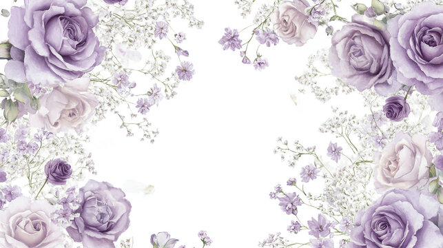 Wallpaper with purple rose and lavender flowers, white background