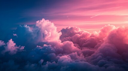 Vibrant Clouds Illuminated by a Pink-Blue Sunset Create a Breathtaking Sky View, Capturing the Beauty of Nature During Twilight Hours in a Serene Landscape. Generative AI