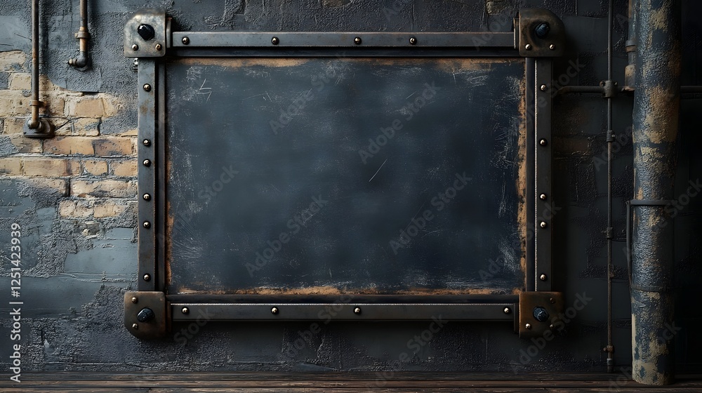 Aufkleber vintage blackboard with worn grungy metal frame in a rustic industrial style interior setting blank 