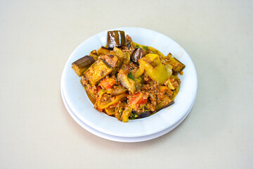 Meat with eggplant and pepper.Cooked with vegetables and hot spices. Patlican kebab, musakka.