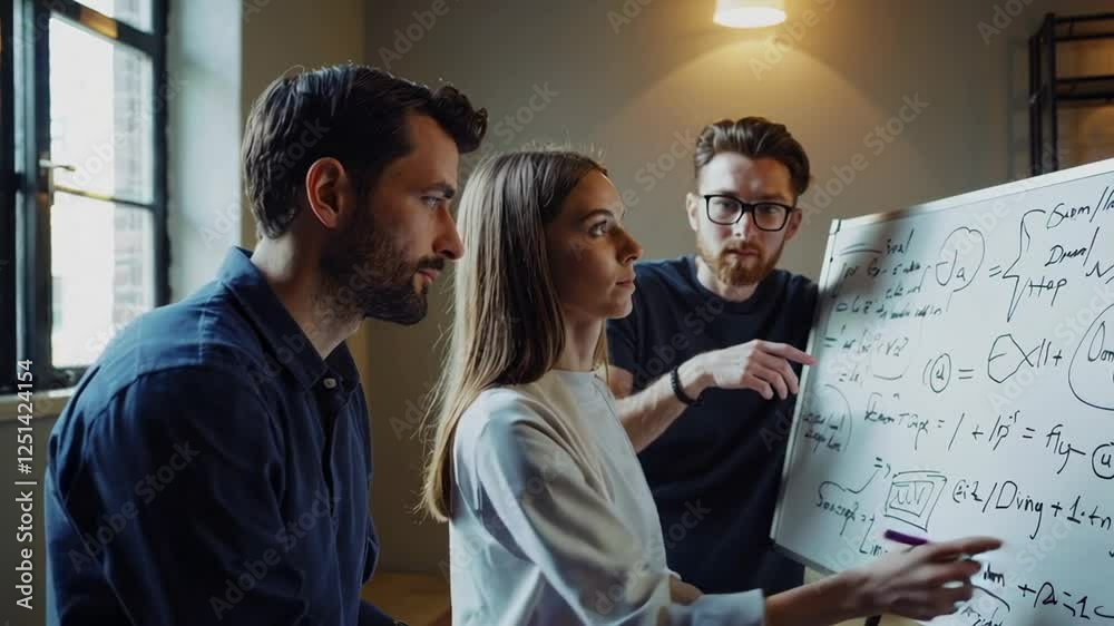 Aufkleber Professional business team collaborating intensely, working through complex mathematical problem, analyzing challenging equation on whiteboard during strategic slow motion meeting session