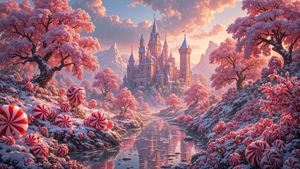 Explore a whimsical landscape of peppermint trees a chocolate river and a castle crafted from candy and sugar glass © GMeta