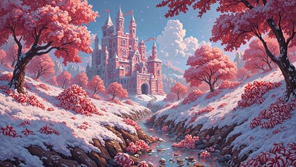 Explore a whimsical landscape of peppermint trees a chocolate river and a castle crafted from candy and sugar glass
