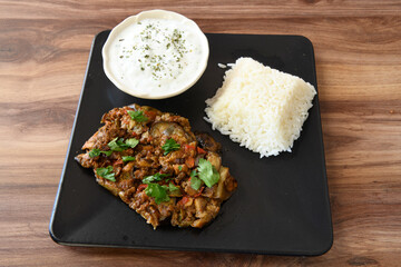 Meat with eggplant and pepper.Cooked with vegetables and hot spices. Patlican kebab, musakka.
