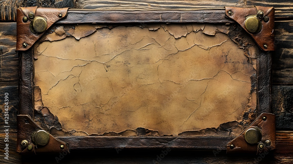 Aufkleber vintage distressed parchment texture with aged leather frame backdrop old grunge paper document or m