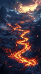 Lava Flowing Across A Volcanic Landscape At Dusk With Orange And Black Contrast And Shadows  Of Eruption Power In Dramatic Terrain And Sky  At Nightfall  With Heat Intensity And Beauty Of Molten Lava
