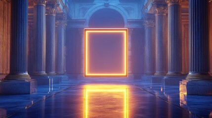 Neon Frame with Sapphire Blue and Gold Lights, Ornate Palace Courtyard, and Marble Columns. Copy space. Generative AI