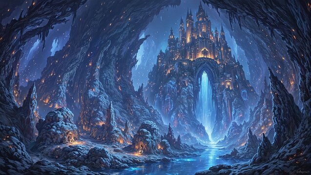 Discover an enchanting underground world with radiant stalactites a flowing river of light and a castle carved into shimmering rock walls