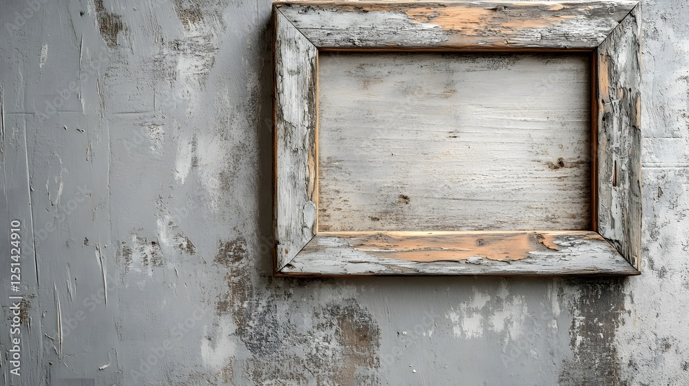 Aufkleber vintage distressed wooden frame with peeling paint and weathered details on a textured grungy concre