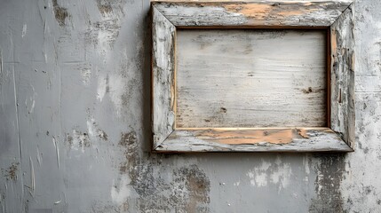 Naklejka premium Vintage distressed wooden frame with peeling paint and weathered details on a textured grungy concrete wall Empty space for copy or text overlay