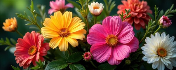 Fototapeta premium Vibrant blooms, lush greenery, elegant arrangement, design, nature
