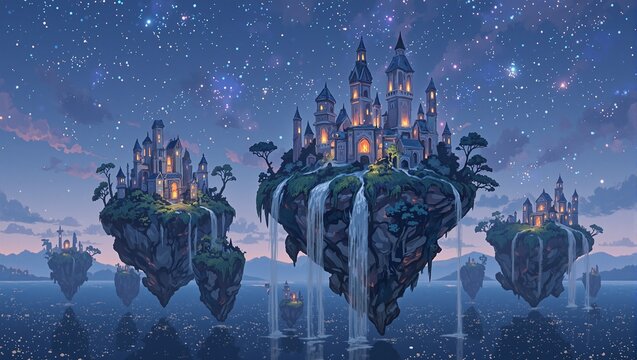 A dreamy floating island with glowing waterfalls crystal towers and twinkling stars beneath a twilight sky