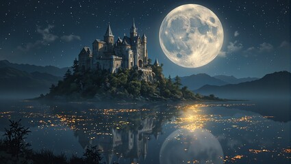 Enchanting castle hovering over golden lake in moonlight Perfect for fairytale backgrounds © GMeta