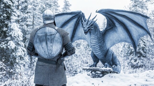 Fototapeta Knight facing dragon statue, snowy forest, fantasy scene
