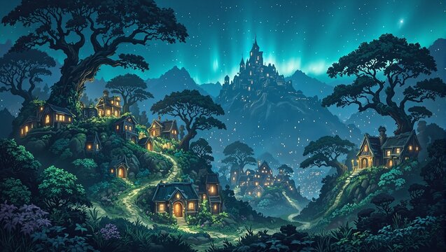 Explore a magical elven village nestled in giant bioluminescent trees radiating soft light under a mystical aurora