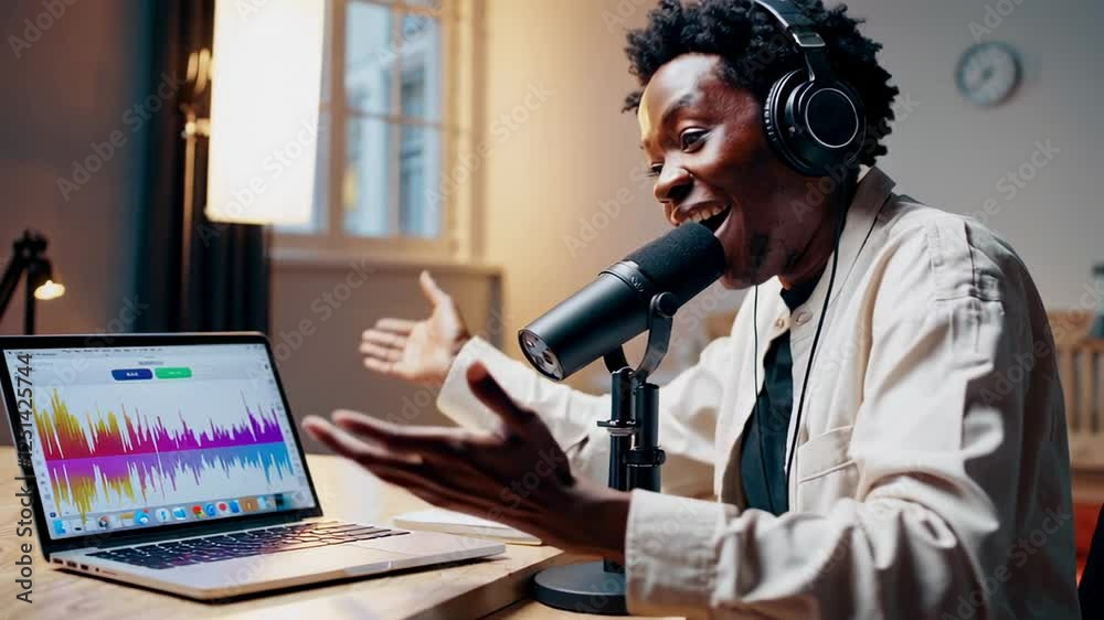 Aufkleber Enthusiastic podcaster recording a podcast, speaking into a microphone with headphones on, using a laptop showing an audio editing software interface, creating engaging content for online audience