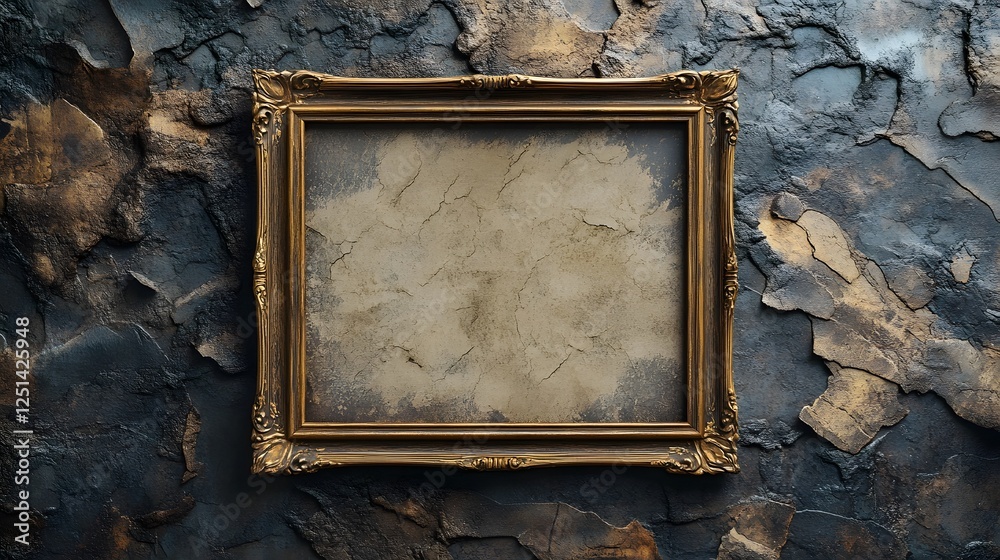 Fototapete vintage golden frame hanging on a weathered stone wall with a grungy distressed texture and peeling 