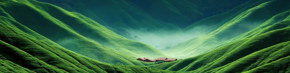 Stunning Green Tea Plantations Landscape with Foggy Hills in Munnar, Kerala - A Captivating View of India's Tea Culture Amidst Misty Mountains and Verdant Valleys