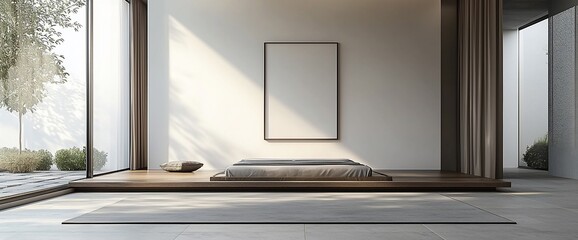 Fototapeta premium Modern minimalist bedroom with outdoor view
