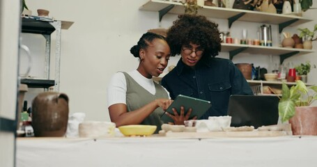 Business people, laptop or design with tablet for pottery advertising, online store or marketing at ceramic shop. Businessman, woman or creative artisan with technology for company exposure, UI or UX