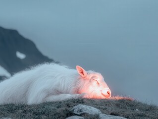 Resting sheep in serene mountain landscape nature calm environment soft lighting