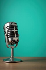 Vintage style microphone sits on a wooden table in front of a stunning aquamarine colored wall, decorative item, blue wall