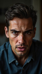 Fototapeta premium Anger expression in close-up portrait of a serious man