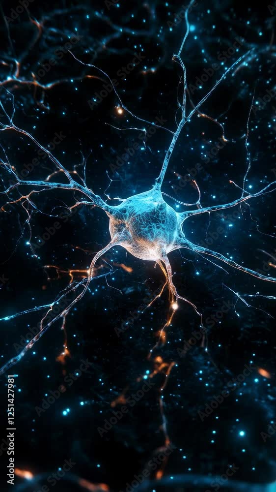 Poster Glowing neural network transmitting electrical signals across interconnected neurons, highlighting complex biological communication mechanisms within human nervous system