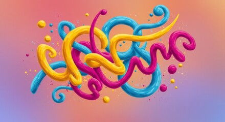 Fototapeta premium Abstract 3D Paint Swirls: A vibrant, abstract 3D composition featuring swirling, intertwined ribbons of yellow, pink and blue paint.