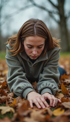 Woman feeling shame while kneeling in autumn leaves