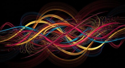 Abstract Colorful Swirls: Dynamic, vibrant swirls of red, gold, and teal intertwine against a black backdrop, creating an energetic and visually captivating abstract artwork.  
