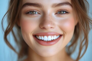 Fototapeta premium Close-up portrait of a young woman with a radiant smile and flawless skin. Her eyes sparkle with joy, and her smile is infectious.