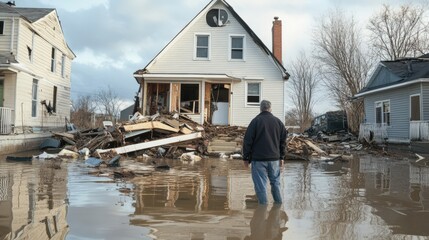 Scene is somber and sad, as the man looks on at the devastation