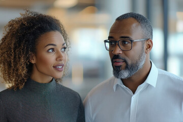 Man and woman facing each other closely, smiling in a park. Green trees in the background, sun shining on their bright faces, creating a warm and joyful atmosphere.