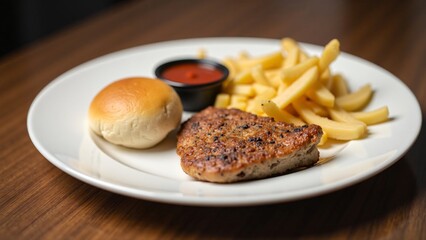 Grilled Chicken Breast with French Fries, Bun, and Ketchup