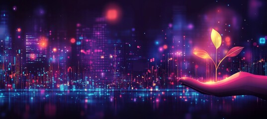 Emerging Opportunities, Hand Holding Glowing Seedling Against Urban Skyline, Finance Concept