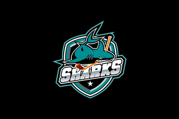 Aggressive Shark mascot logo. Ice Hockey Sports Shark logo template. Shark Mascot Ice Hockey team logo vector.