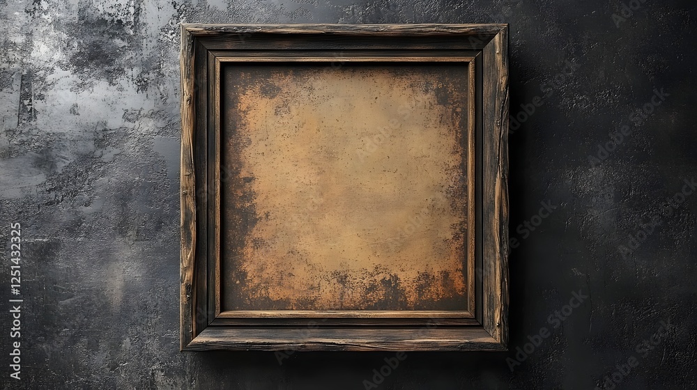 Fototapete vintage weathered wooden frame hanging on a rustic gray wall background empty frame displayed in a m