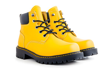 Yellow cargo boots isolated on white background