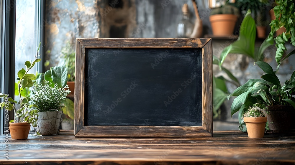 Aufkleber vintage wooden chalkboard frame with potted plants on a rustic wooden table in front of a window bla
