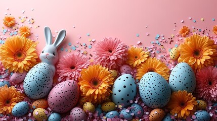 Obraz premium A fashionable Easter display image. This top view angle of eggs, vivid chrysanthemums, a ceramic bunny, and confetti on a pastel pink ground has a blank egg-shaped cutout for wording or promotions.