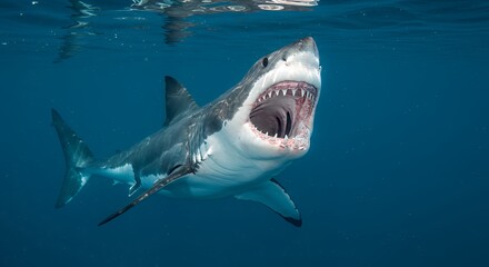 Fototapeta premium Great White Shark Swimming Underwater with Open Mouth Showing Teeth
