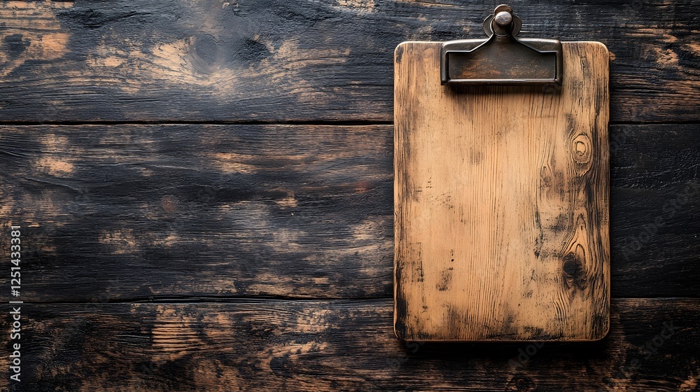 Poster vintage wooden clipboard placed on dark rustic wooden table background empty space for copy or text 