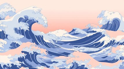 Serene Pastel Ocean Waves: A Modern Ukiyo-e Inspired Artwork
