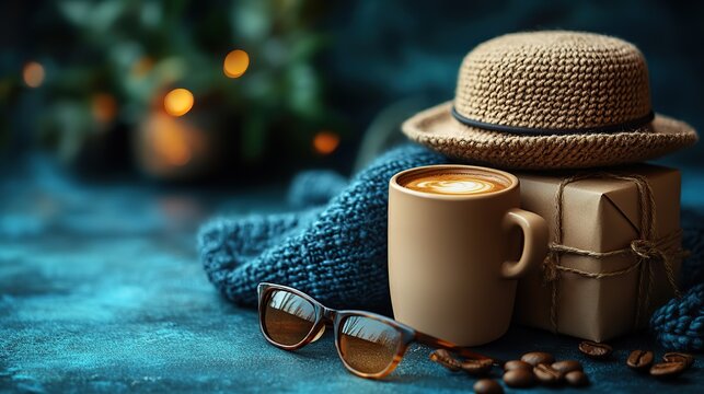 A Father's Day themed composition, featuring a stylish hat, modern glasses, a coffee cup, and an elegantly wrapped gift, sits on a blue background.