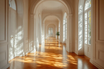 Naklejka premium Long hallway with wooden floors and arched windows.