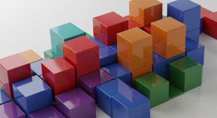 Obraz premium Abstract Colorful Blocks: A vibrant array of colorful blocks arranged in a dynamic, abstract composition. The blocks' glossy surfaces reflect light, creating a playful interplay of color and texture.