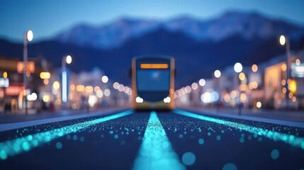 Modern Tram in Urban Setting with Scenic Mountains