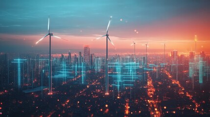 A city skyline with a few wind turbines in the background