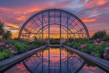 Serene Sunset Reflection in Glass Greenhouse Surrounded by Nature